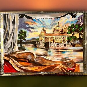 Hand-Painted Golden Temple Canvas Art - Multicolor